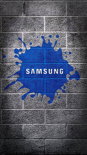 Samsung Logo Painted in Blue Ink Splatter on Grey Brick Wall HD phone wallpaper