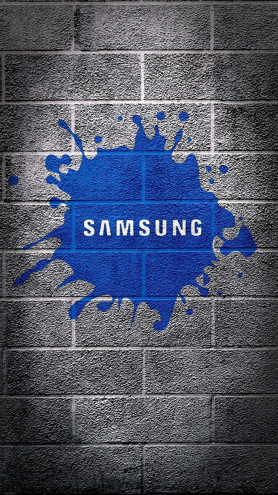 Samsung Logo Painted in Blue Ink Splatter on Grey Brick Wall HD phone wallpaper