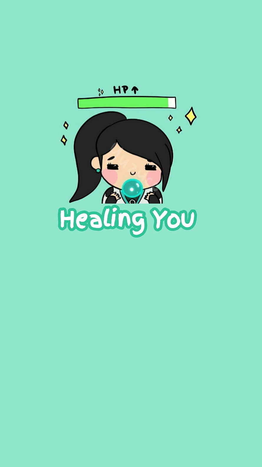 Sage from Valorant blowing a bubblegum with an HP bar and healing text on a mint background HD phone wallpaper