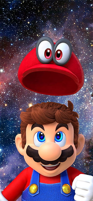 Mario with floating cap against a starry galaxy background in 3D render style HD phone wallpaper