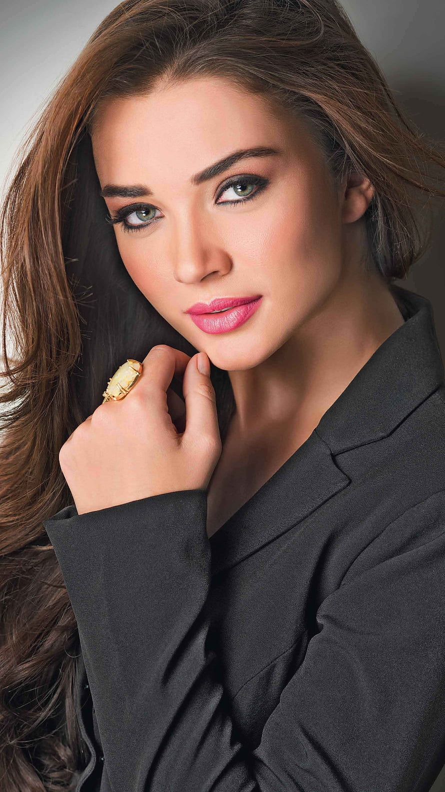 Amy Jackson Elegant Portrait in Black Blazer with Gold Ring HD phone wallpaper