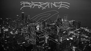 Drain Gang Stylized Line Art Over Black and White Aerial Cityscape at Night HD wallpaper