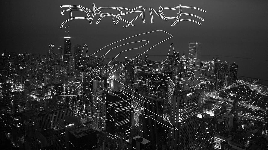 Drain Gang Stylized Line Art Over Black and White Aerial Cityscape at Night HD wallpaper
