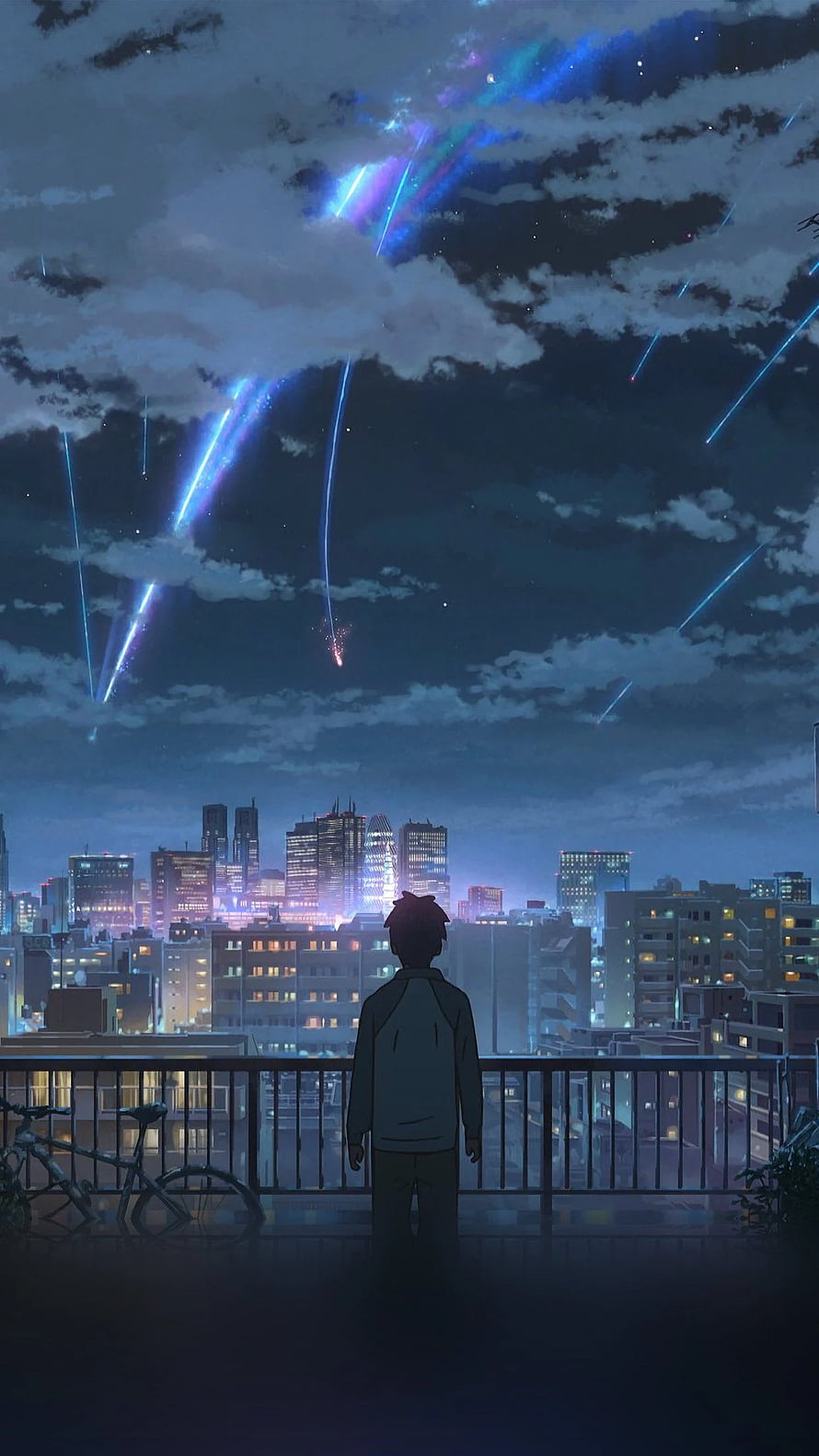 Your Name Anime Rooftop Scene With Meteor Shower Over Tokyo Cityscape HD phone wallpaper