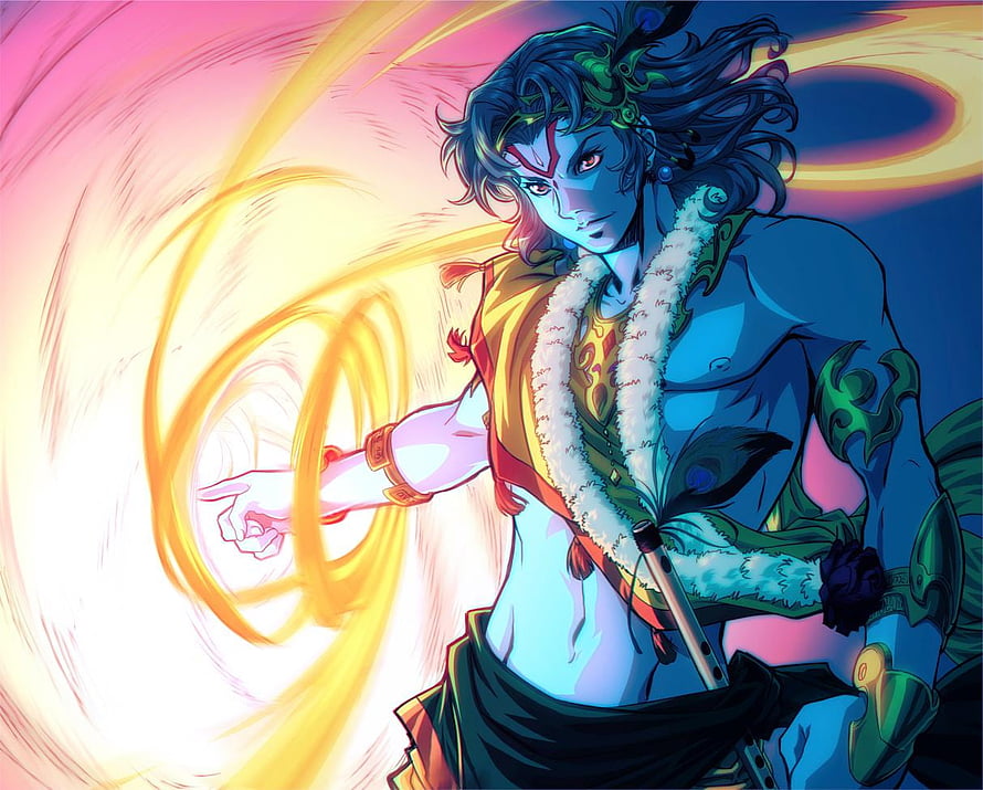 Lord Krishna Wielding Sudarshana Chakra in Vibrant Divine Illustration HD wallpaper