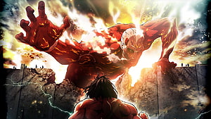Attack on Titan Colossal Titan Breaching Wall in Dramatic Anime Illustration HD wallpaper