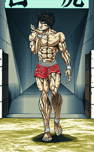 Baki Grappler Anime Character Standing in Dojo with Red Shorts and Bandaged Wrists HD phone wallpaper