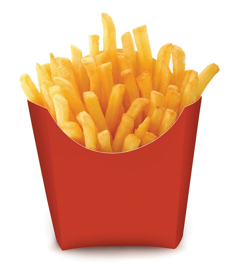 Crispy Golden French Fries in a Red Paper Container on White Background HD phone wallpaper