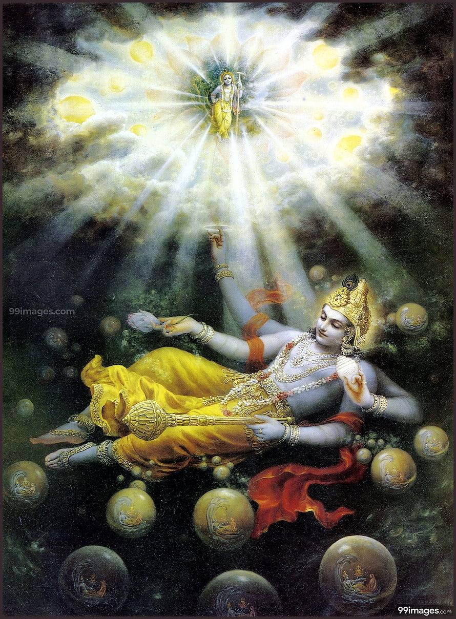 Lord Vishnu Reclining on Cosmic Ocean with Radiant Divine Light and Floating Spheres HD phone wallpaper
