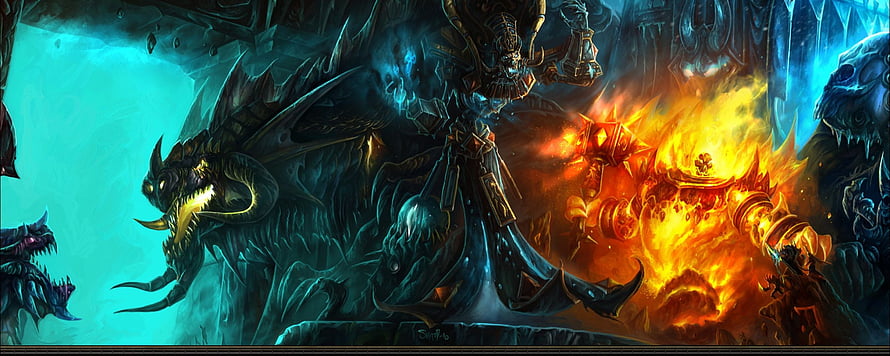 World of Warcraft Dark Fantasy Dragon and Fire Demon Battle Scene HD wallpaper