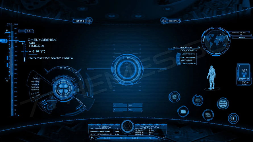 Futuristic Blue Holographic HUD Interface with System Diagnostics and Global Map HD wallpaper