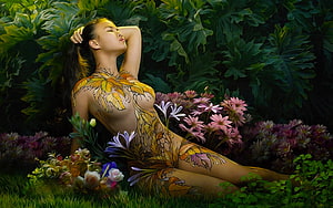 Ethereal Woman with Floral Body Art Reclining in a Lush Garden, Etheral Beauty, digital, art, fantasy, feminine, girl, beauty, woman, etheral, , flowers HD wallpaper