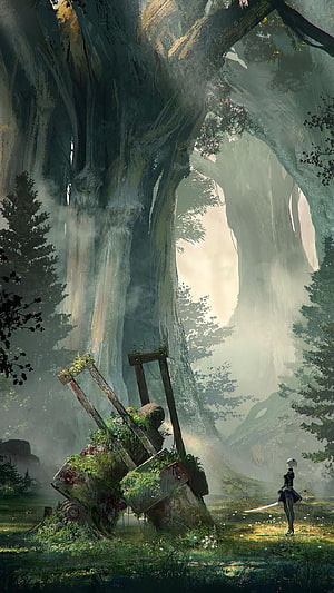 Nier Automata Concept Art: Overgrown Machinery in a Misty Ancient Forest HD phone wallpaper