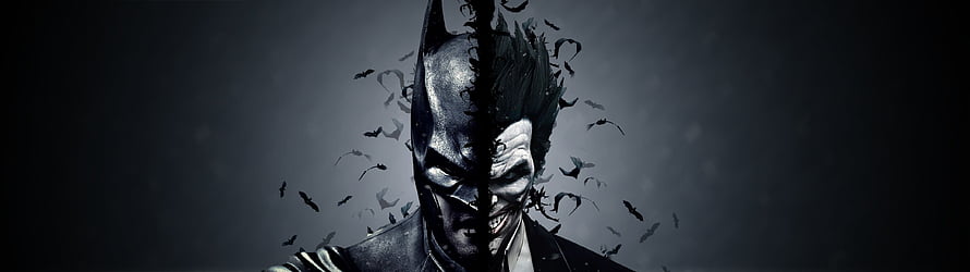 Batman and Joker Split Face Portrait with Flying Bats in Dark Cinematic Style HD wallpaper