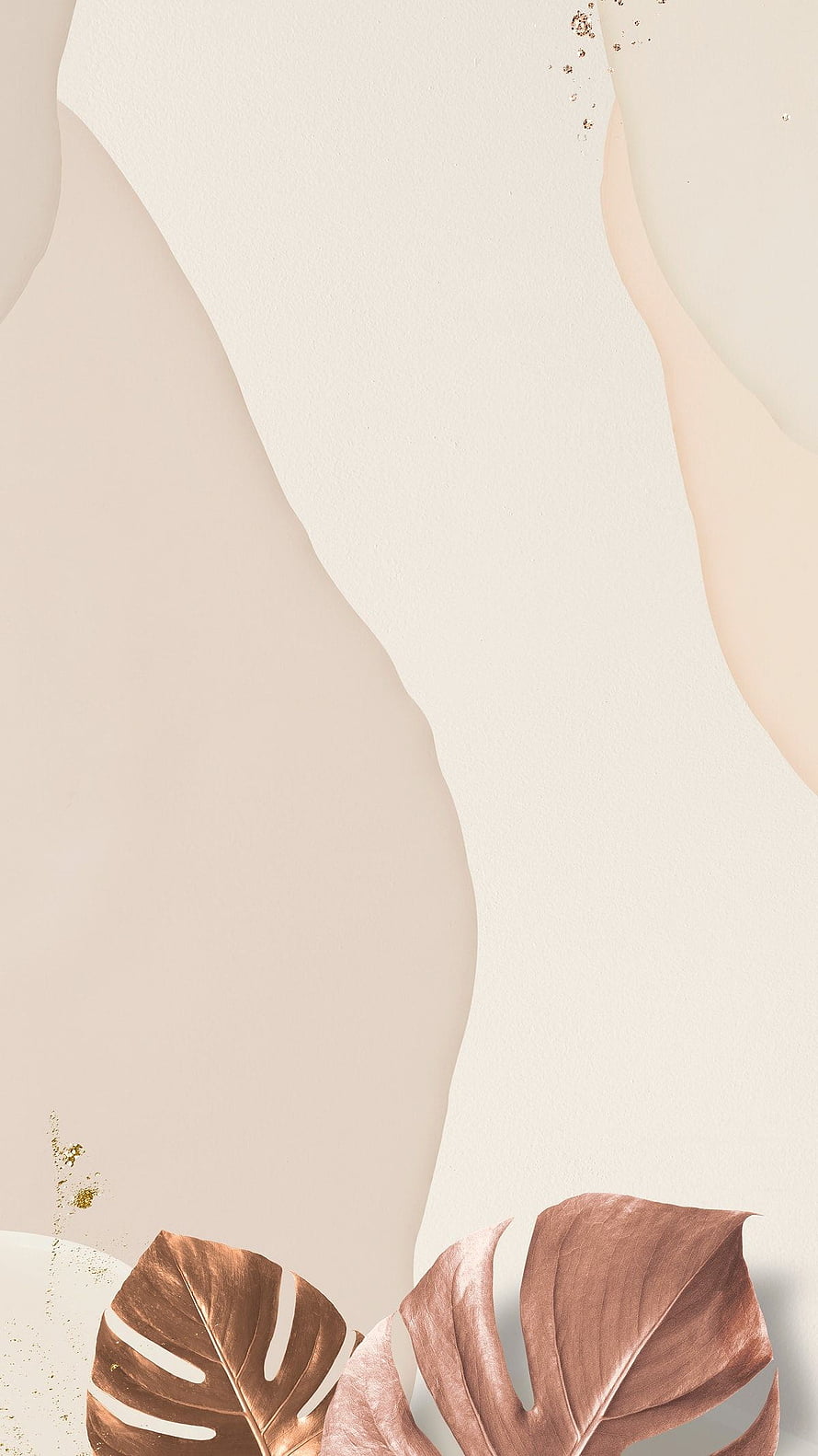 Elegant Minimalist Background with Rose Gold Monstera Leaves and Soft Beige Abstract Shapes HD phone wallpaper