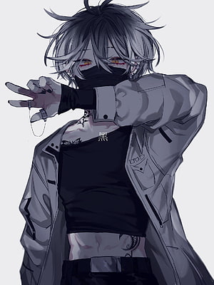 Dark Anime Boy with Mask and Grey Hair in Streetwear Jacket HD phone wallpaper