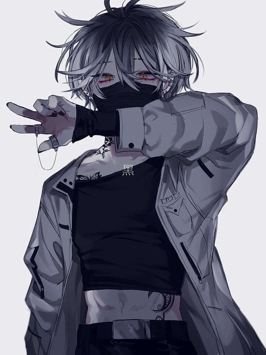 Dark Anime Boy with Mask and Grey Hair in Streetwear Jacket HD phone wallpaper