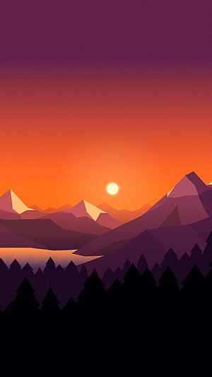 Minimalist Geometric Mountain Landscape with Vibrant Sunset and Pine Forest Silhouette HD phone wallpaper