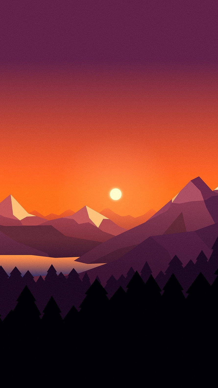 Minimalist Geometric Mountain Landscape with Vibrant Sunset and Pine Forest Silhouette HD phone wallpaper