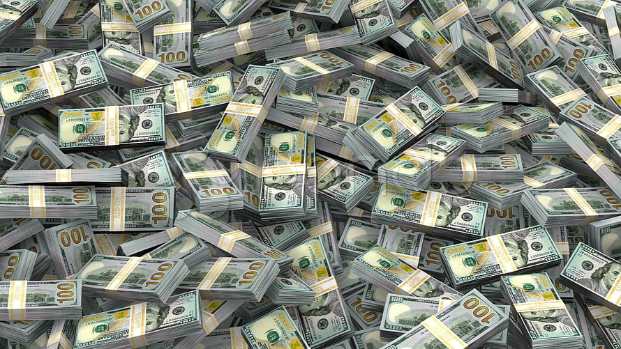 Piles of Bundled US Hundred Dollar Bills Scattered in a Wealthy Money Mountain HD wallpaper