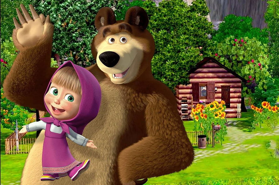 Masha and the Bear 3D Animation Scene with Cottage and Garden HD wallpaper