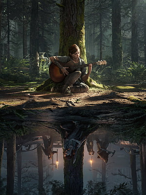 The Last of Us 2 Ellie Playing Guitar in Forest with Reflection HD phone wallpaper