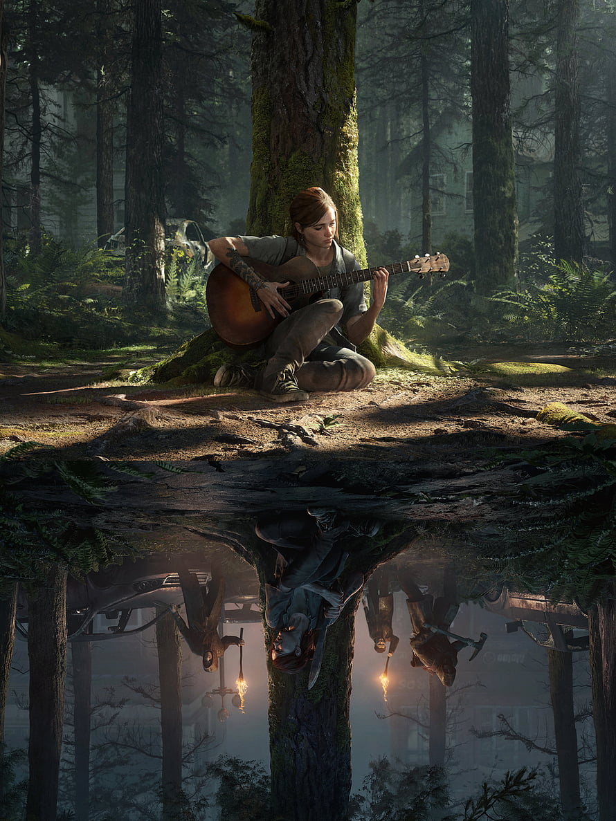 The Last of Us 2 Ellie Playing Guitar in Forest with Reflection HD phone wallpaper
