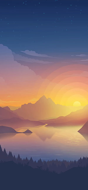 Serene Vector Mountain Lake at Sunset with Starry Night Sky and Pine Forest HD phone wallpaper