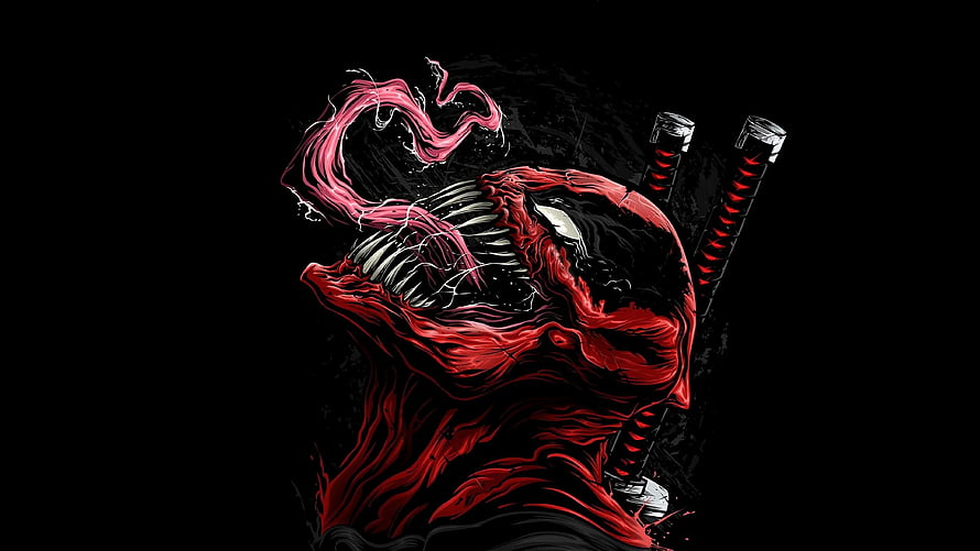 Venom Symbiote Portrait With Dual Katana Swords In Dark Red Ink Style HD wallpaper