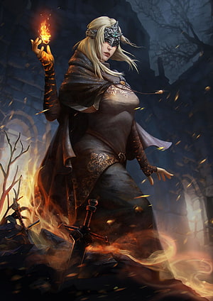 Fire Keeper from Dark Souls 3 Holding Flame in Ruined Cathedral HD phone wallpaper