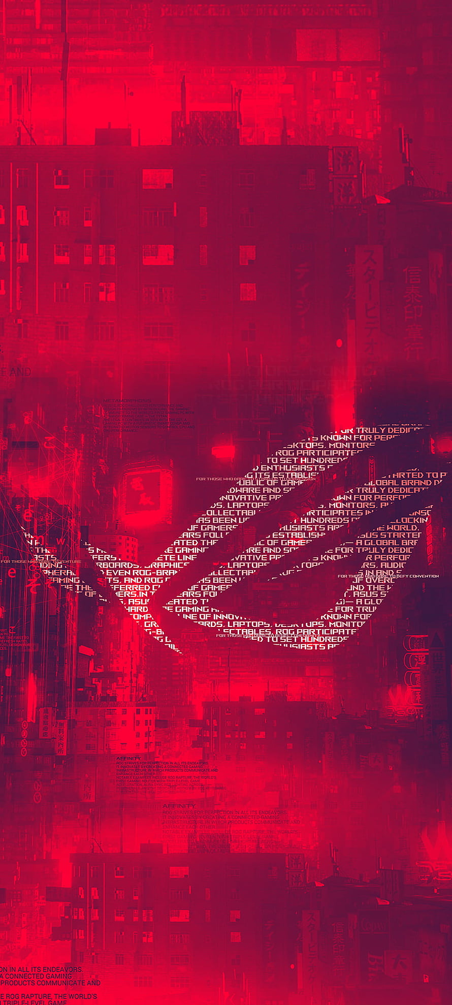Asus ROG Cyberpunk Cityscape Wallpaper with Glitch Text and Neon Red Aesthetic HD phone wallpaper