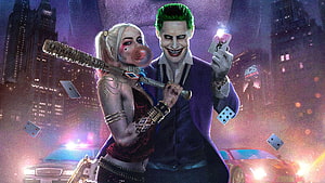 Joker and Harley Quinn in Gotham City with Bubblegum and Playing Cards HD wallpaper