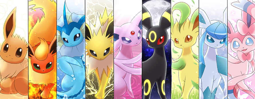 All Nine Eevee Evolutions Lineup Featuring Espeon, Umbreon, Leafeon, Glaceon, Sylveon, and Flareon HD wallpaper