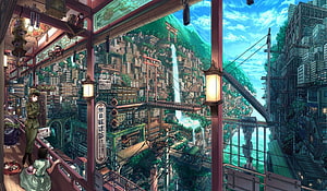 Solarpunk Anime Cityscape with Waterfall and Torii Gate HD wallpaper