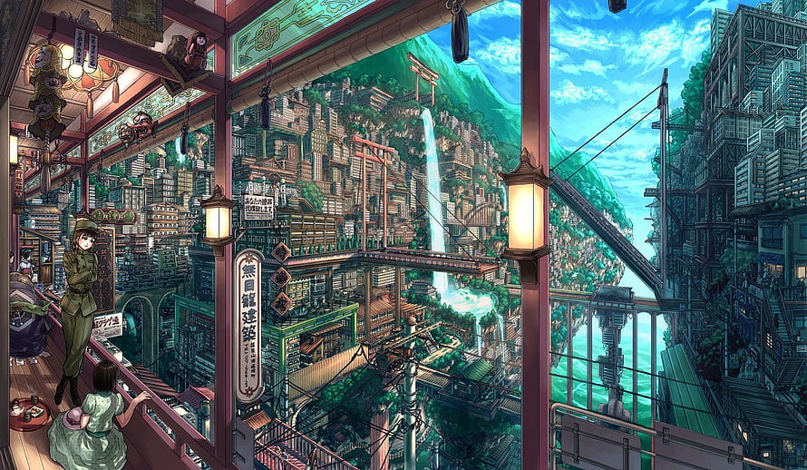 Solarpunk Anime Cityscape with Waterfall and Torii Gate HD wallpaper