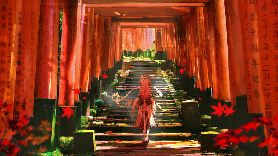 Yae Miko Standing in Vermilion Torii Gate Corridor with Falling Maple Leaves HD wallpaper