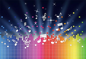 Vibrant Rainbow Audio Spectrum with Floating Musical Notes and Sparkling Starbursts HD wallpaper