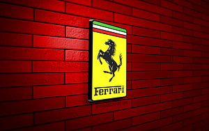 Ferrari 3D Emblem on Red Brick Wall with Prancing Horse and Italian Flag Stripes HD wallpaper