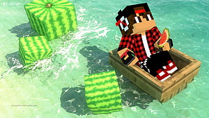Minecraft Steve Skin in a Boat Eating Watermelon in Shallow Water HD wallpaper