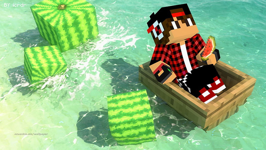 Minecraft Steve Skin in a Boat Eating Watermelon in Shallow Water HD wallpaper