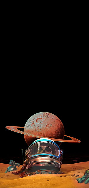 Astronaut Helmet with Skull Visor on Red Planet Surface with Ringed Planet in Black Space HD phone wallpaper
