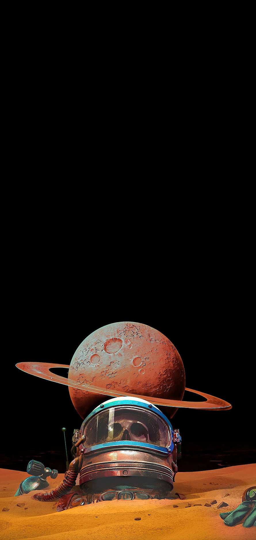 Astronaut Helmet with Skull Visor on Red Planet Surface with Ringed Planet in Black Space HD phone wallpaper
