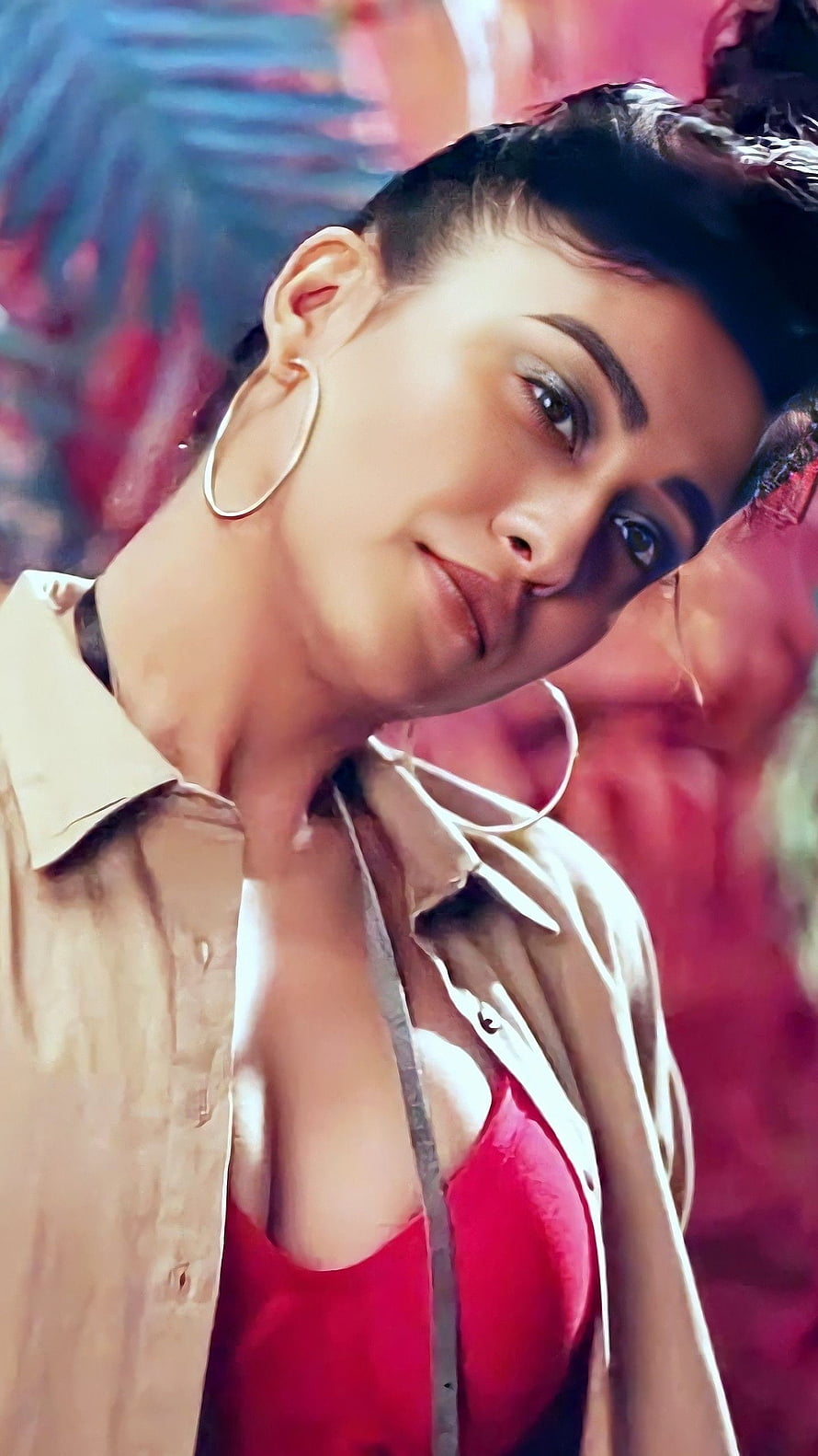 Regina Cassandra in a beige shirt and red top with large hoop earrings HD phone wallpaper