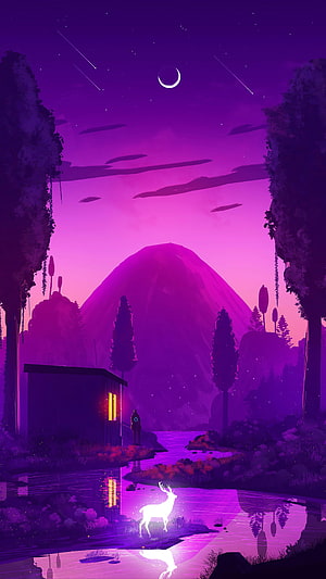 Mysterious Purple Night Landscape with Glowing Deer and Crescent Moon HD phone wallpaper