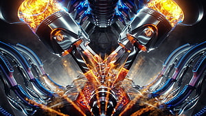 Futuristic V8 Engine Core With Glowing Pistons And Blue Neon Accents HD wallpaper