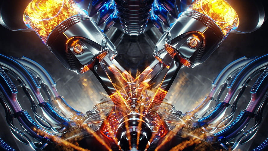 Futuristic V8 Engine Core With Glowing Pistons And Blue Neon Accents HD wallpaper