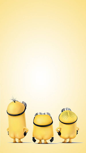 Three Minions Standing With Hands On Hips Against Soft Yellow Gradient Background HD phone wallpaper