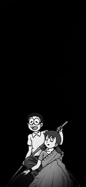Nobita and Suzuka in a Monochrome Anime Illustration on Black Background HD phone wallpaper