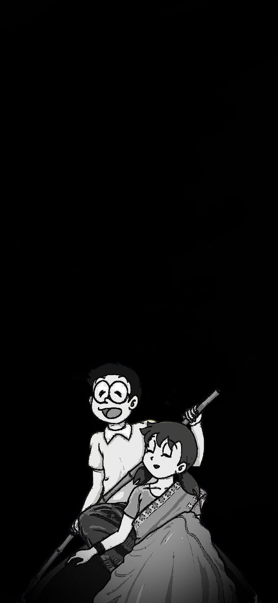 Nobita and Suzuka in a Monochrome Anime Illustration on Black Background HD phone wallpaper