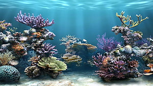 Vibrant Underwater Coral Reef Scene With Purple And Green Sea Life HD wallpaper